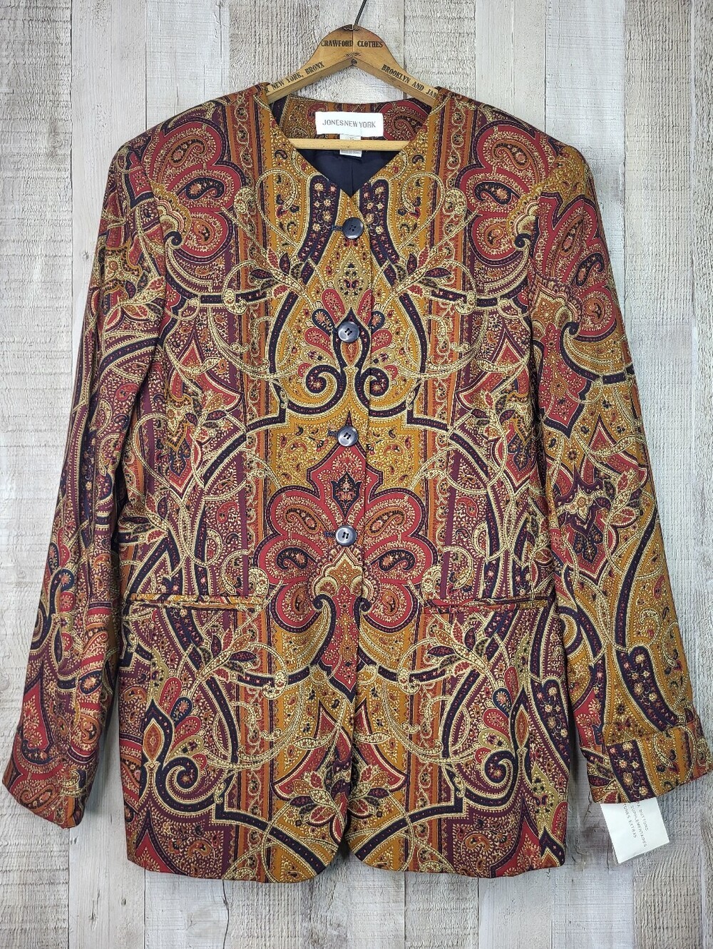 Jones New York Women's Red Paisley Wool Button-Front Jacket. Size 16 Vintage NWT